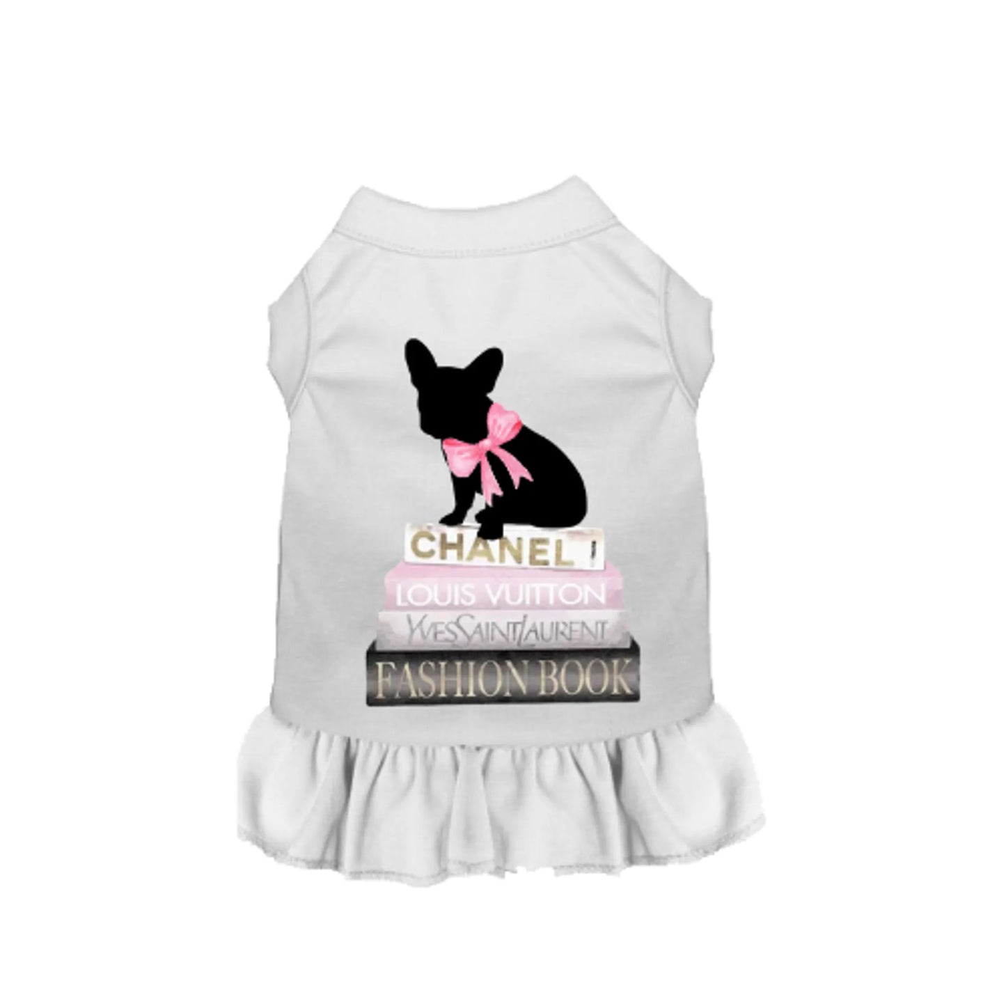 All of my favorite things - Pack Of: 1 white pet dress featuring a stylish black dog silhouette with a pink bow on fashion books design