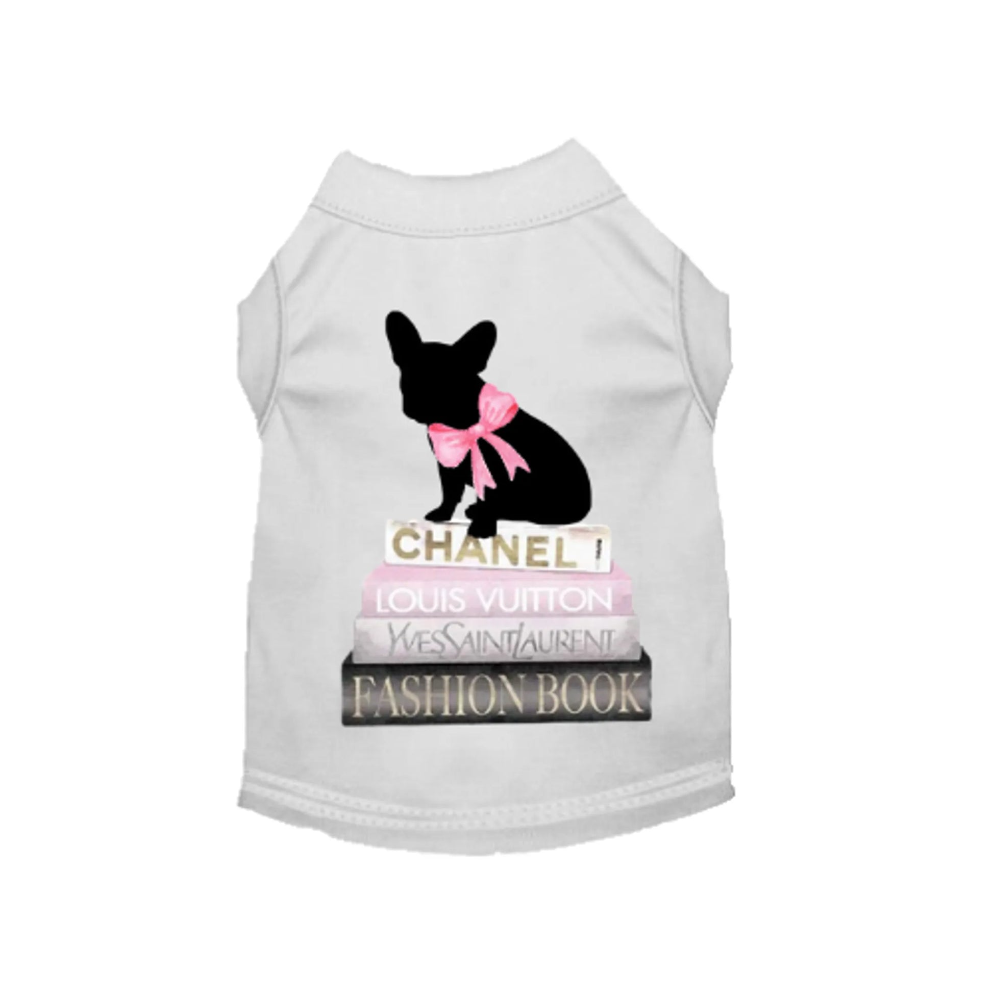 All of my favorite things - Pack Of: 1 pet shirt with black dog silhouette and fashion book stack design