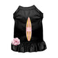 Black dog dress with pink and gold surfboard graphic and pink flower detail named Aloha Surf Dog Dress