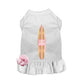 White dog dress with pink and gold surfboard design and pink flower detail, Aloha Surf Dog Dress
