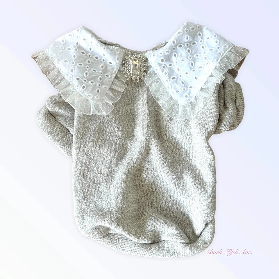 Princess Lace Lapel Dog Sweater with Rhinestone Brooch - Pets Perfect