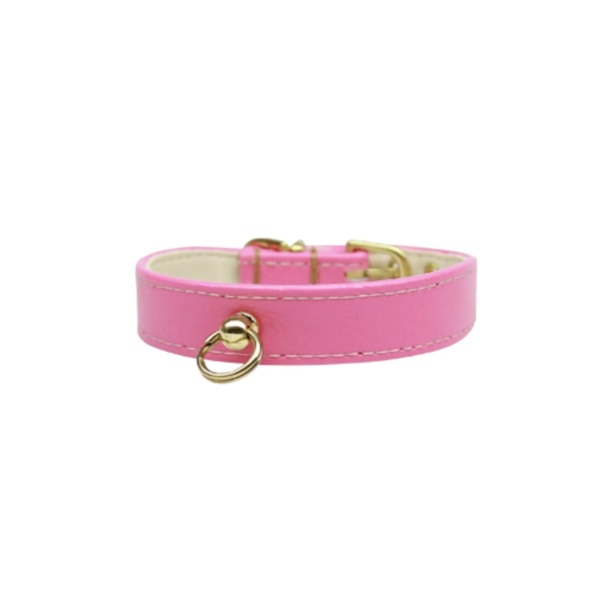 Pink leather dog collar with gold hardware and loop detail, Azure CC Collar for pet supplies and accessories.