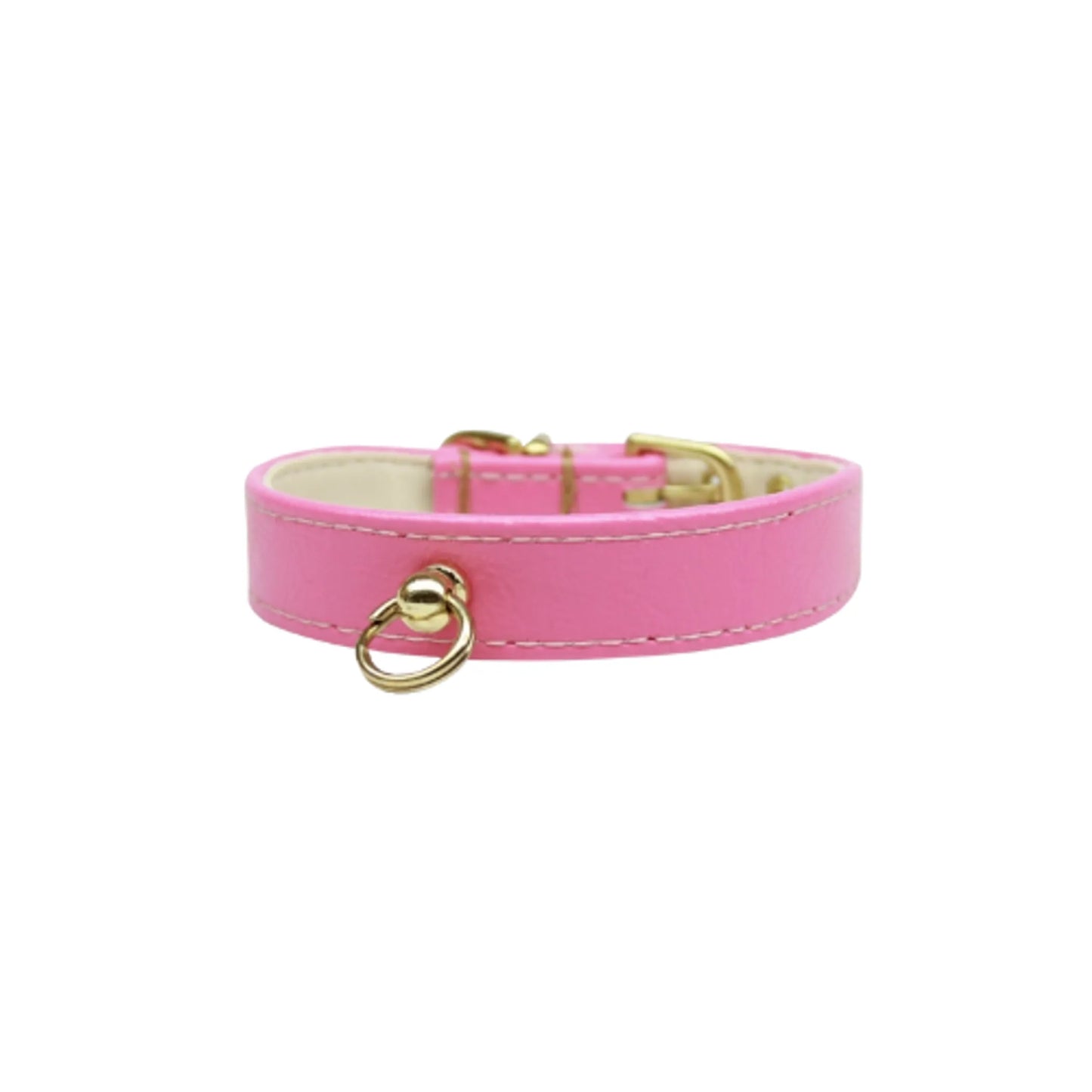 Pink leather pet collar with gold hardware and ring, designed as Azure CC Collar in an online pet store.
