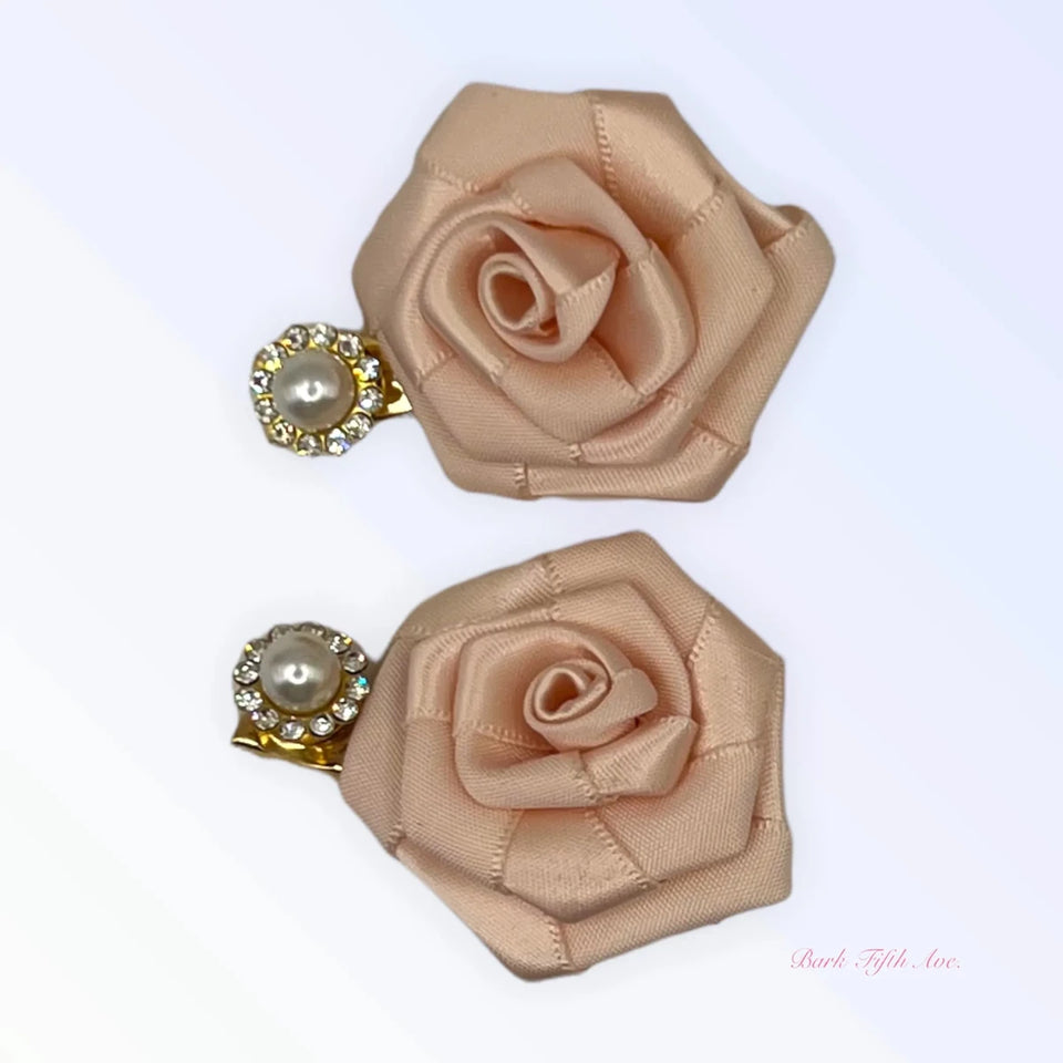 Silk & Pearl Florette Dog Hair Clips - Rose Design with Pearl Rhinestone - Pets Perfect