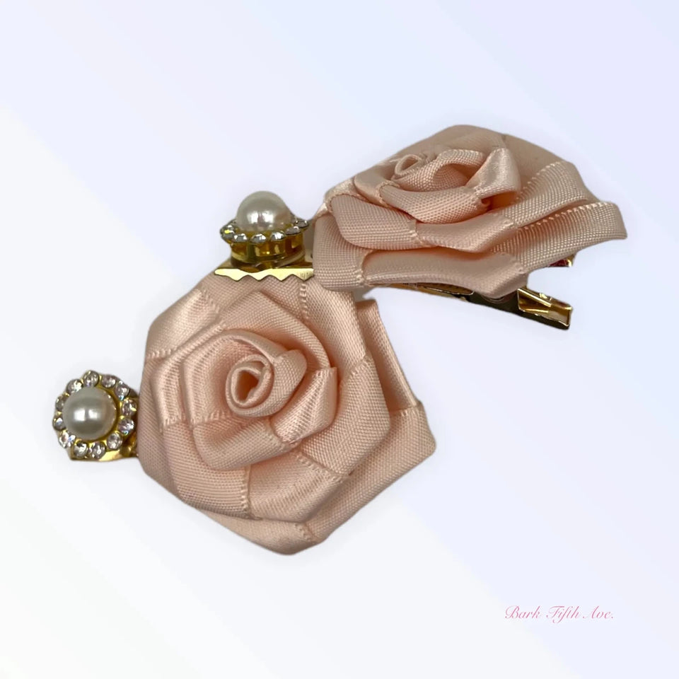 Silk & Pearl Florette Dog Hair Clips - Rose Design with Pearl Rhinestone - Pets Perfect