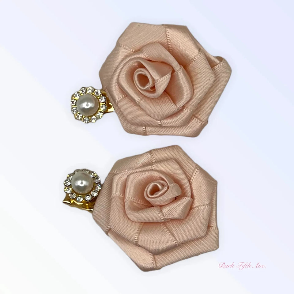 Silk & Pearl Florette Dog Hair Clips - Rose Design with Pearl Rhinestone - Pets Perfect