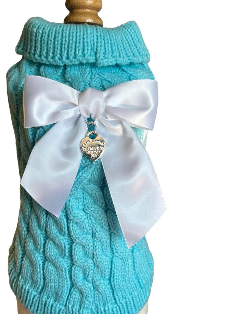 Sniffany Knit Dog Sweater with Satin Bow & Designer Logo Charm - Pets Perfect