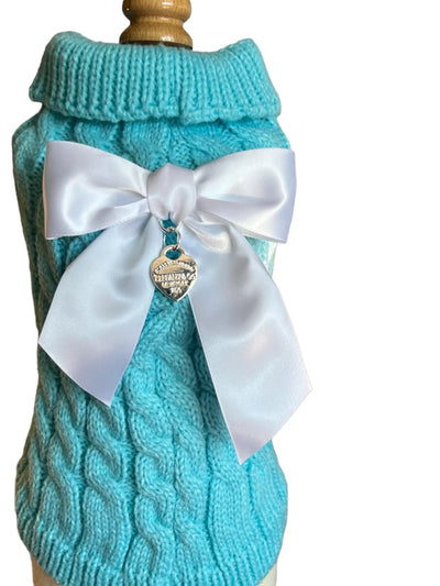 Sniffany Knit Dog Sweater with Satin Bow & Designer Logo Charm - Pets Perfect