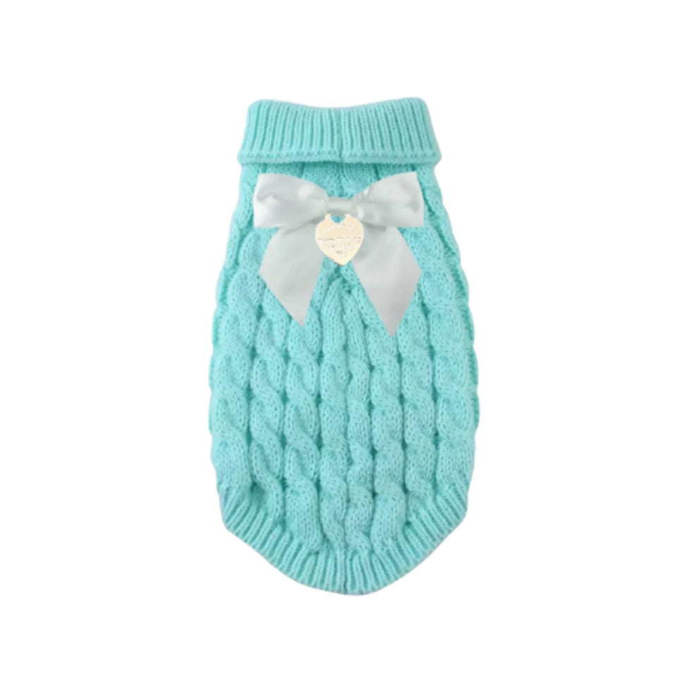 Sniffany Knit Dog Sweater with Satin Bow & Designer Logo Charm - Pets Perfect
