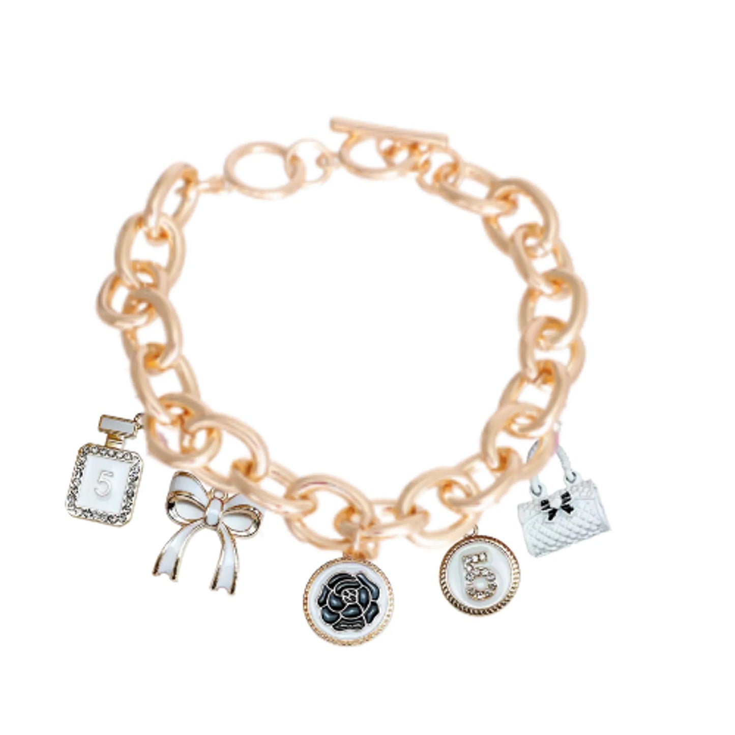 Gold chain charm bracelet with perfume bottle, bow, flower, pearl, and quilted bag charms, Bags & Bows Charm Necklace