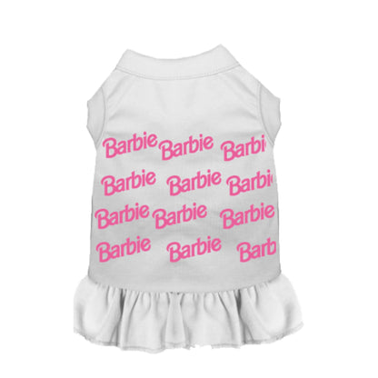 White pet dress with pink "Barbie Girl" text pattern and ruffled hem, suitable for pet supplies lovers.