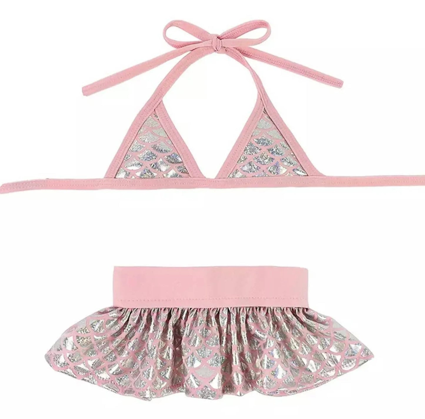 Bark Fifth Ave. Bikini Set in pink with silver mermaid scale pattern, featuring a halter top and ruffled skirt design