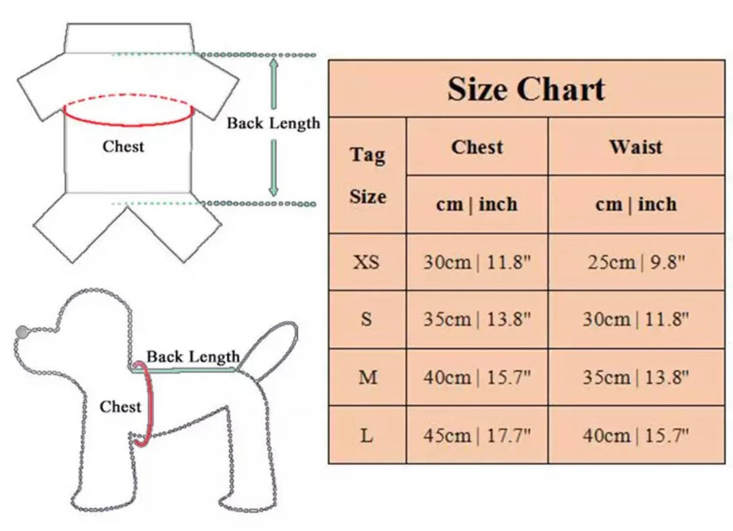 Size chart showing chest and waist measurements in cm and inches for Bark Fifth Ave. Bikini Set dog apparel sizes XS to L.
