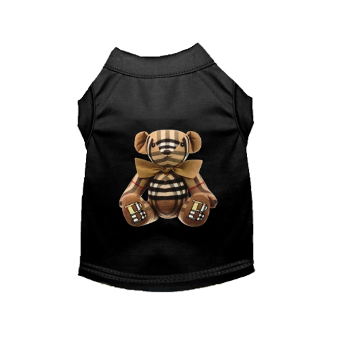 Black dog tee featuring a plaid teddy bear graphic on the back, designed as the BB Bear Dog Dress/Tee.