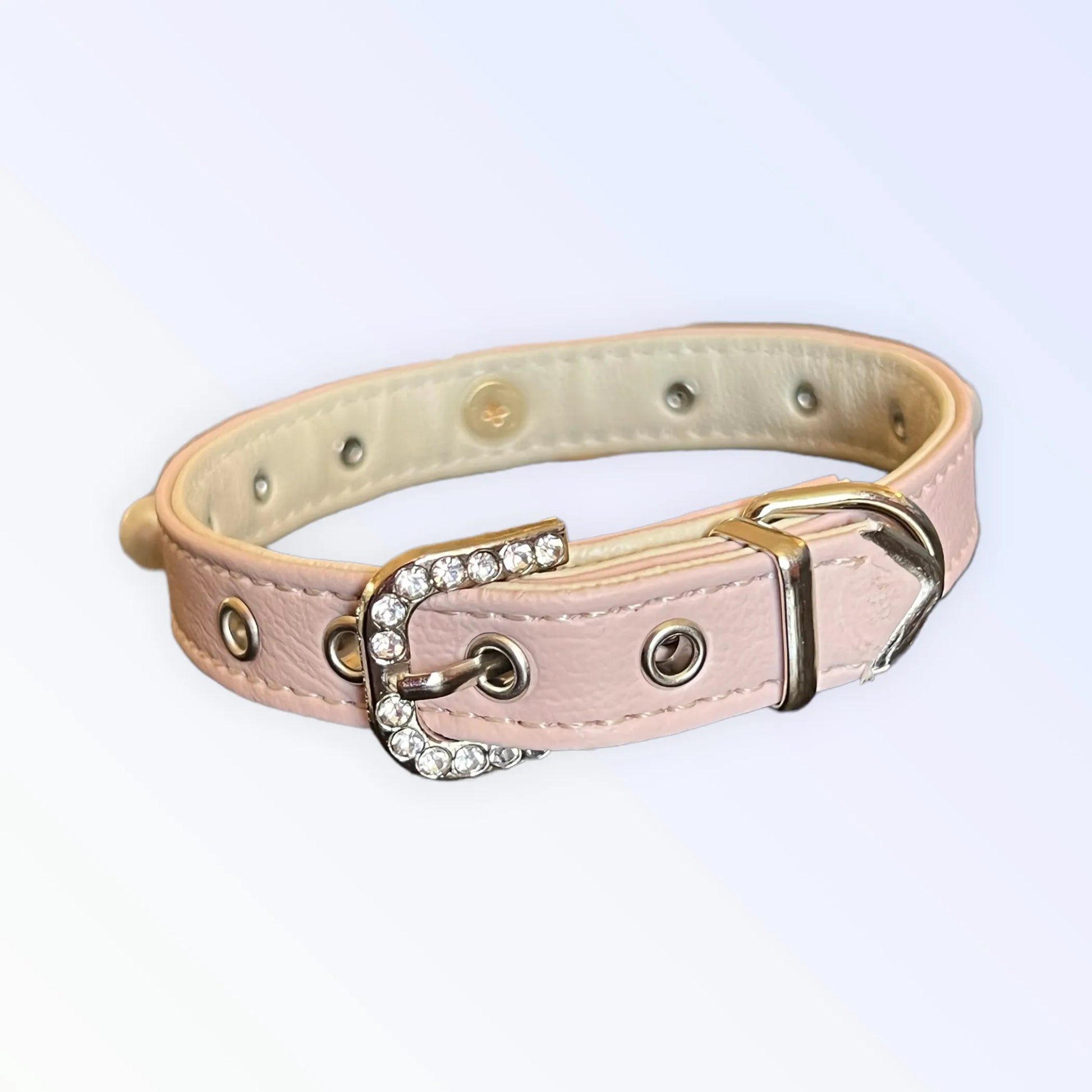 Beaded Pearls and Bow Collar in soft pink with rhinestone buckle and silver hardware for stylish pet supplies.