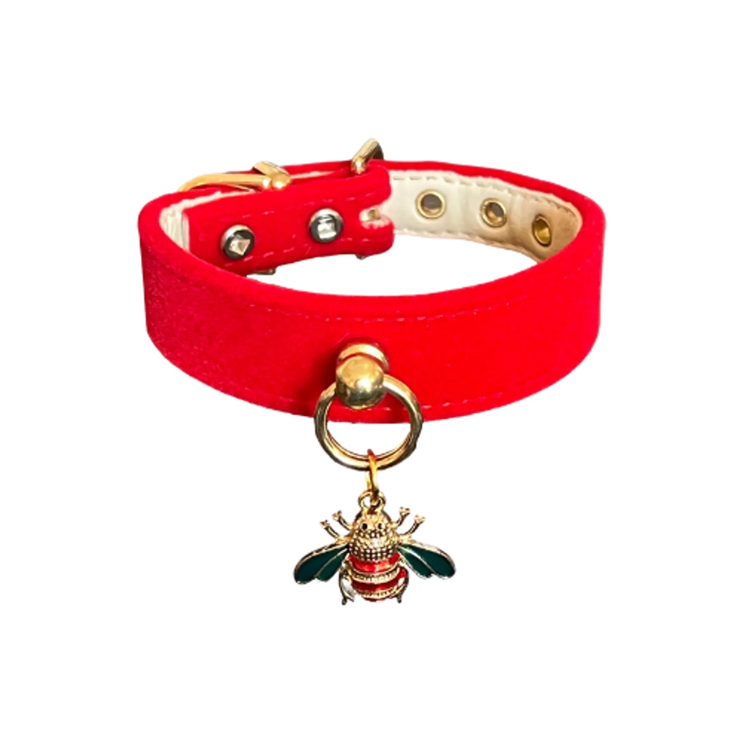 Bright red Bee Mine Dog Collar with gold hardware and a decorative bee charm hanging from the front ring
