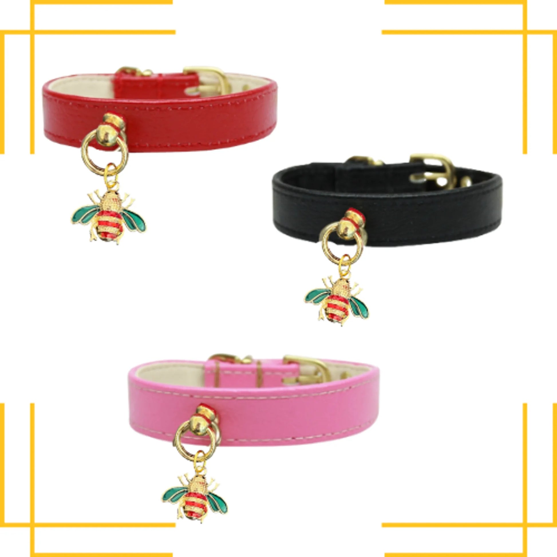 Three Bee Mine Dog Collar options in red, black, and pink with gold bee charm, pet supplies from PetsPerfect online store.