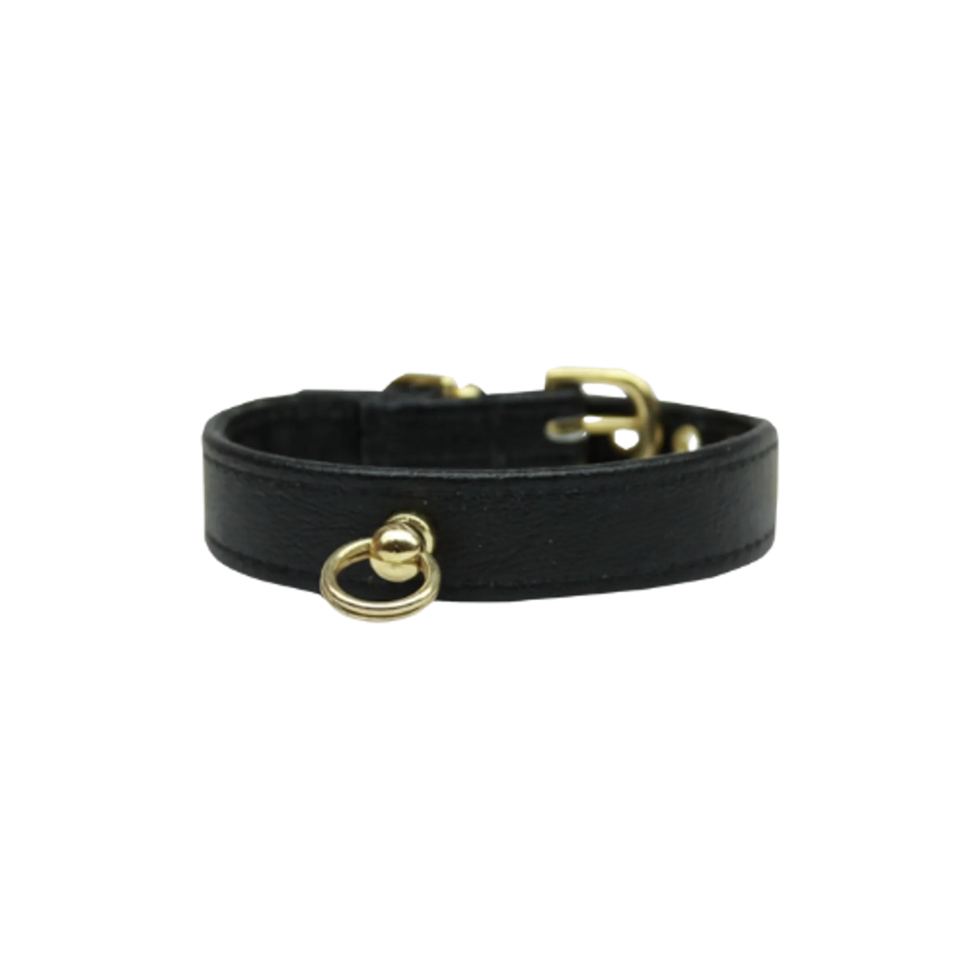 Bee Mine Dog Collar in black leather with gold hardware, designed for stylish and comfortable dog wear.