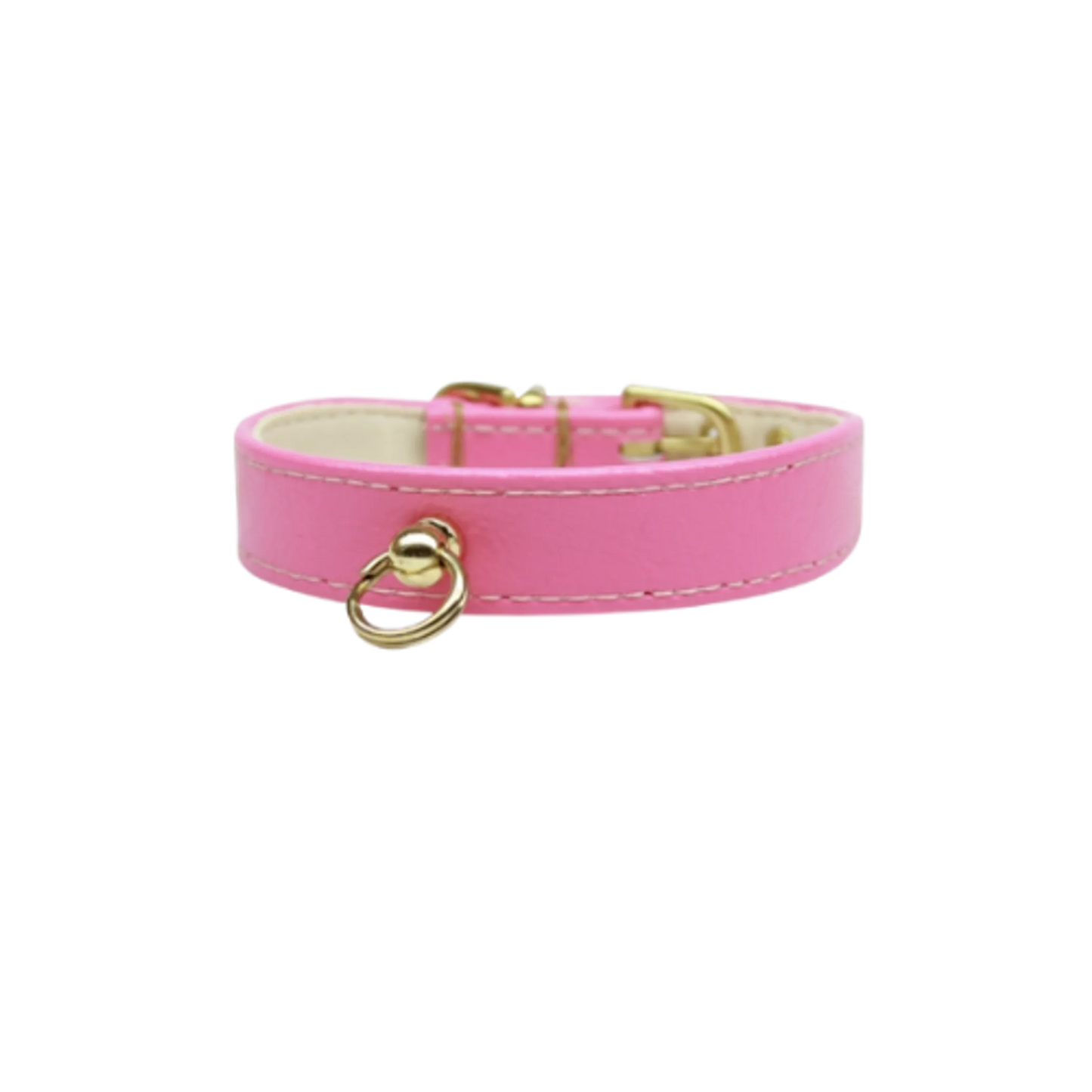 Pink leather Bee Mine Dog Collar with gold-tone buckle and leash ring for stylish pet supplies.