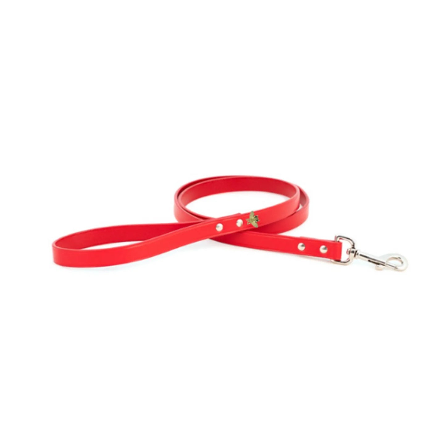 Red dog leash with metal clasp and small gold bee detail, Bee Mine Dog Leash for stylish pet supplies.