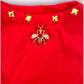 Close-up of red Bee Mine Dog Shirt with gold studs and a jeweled bee charm on the collar, pet supplies online.