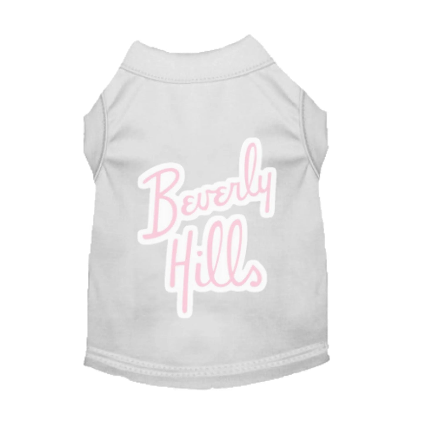 White pet shirt with "Beverly Hills" text in pink, designed for pets, Beverly Hills - Pack Of: 1.