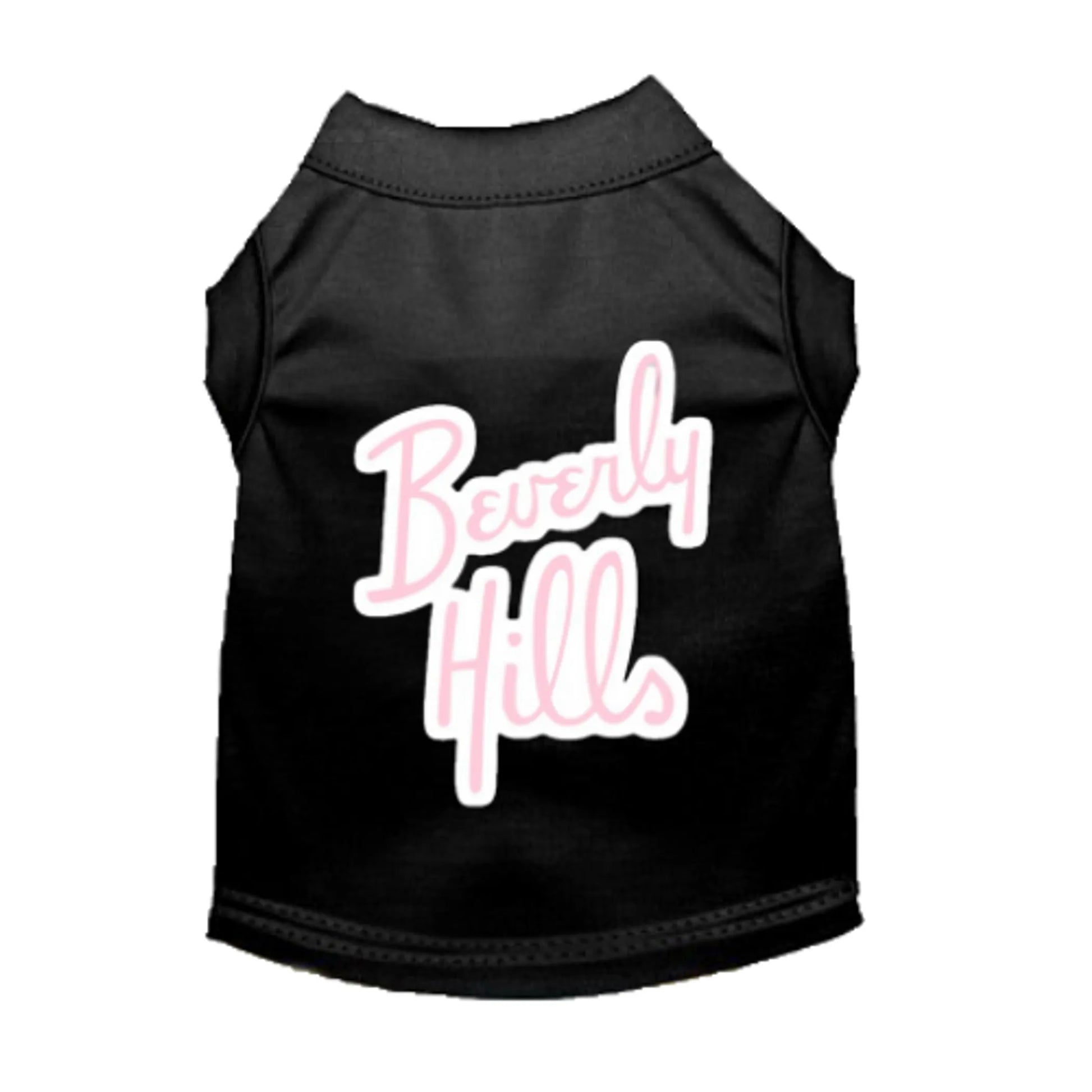 Black pet shirt with pink and white "Beverly Hills" script text, Beverly Hills - Pack Of: 1, pet supplies.