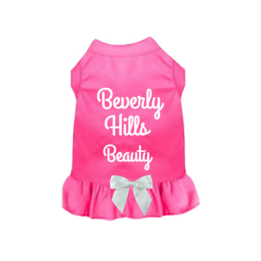 Beverly Hills Beauty Dog Dress with Satin Bow - Elegant Pink Designer Pet Apparel for Small Dogs