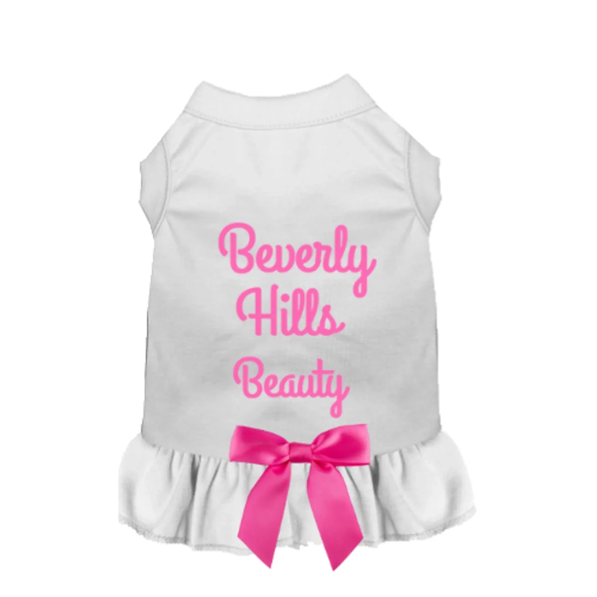 White dog dress with pink "Beverly Hills Beauty" text and a pink bow, Beverly Hills Beauty Dog Dress