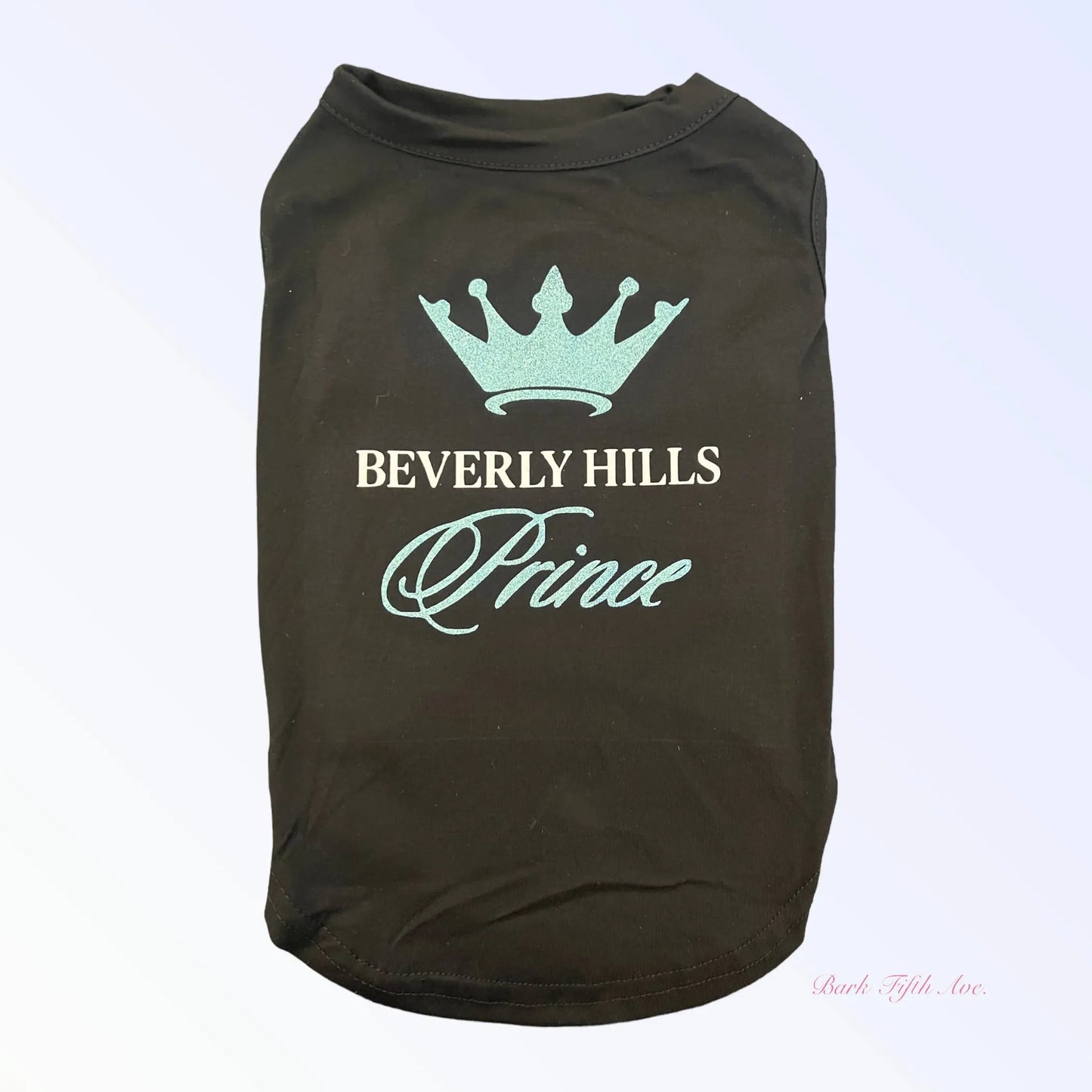 Black pet shirt with blue crown graphic and text Beverly Hills Prince in stylish fonts