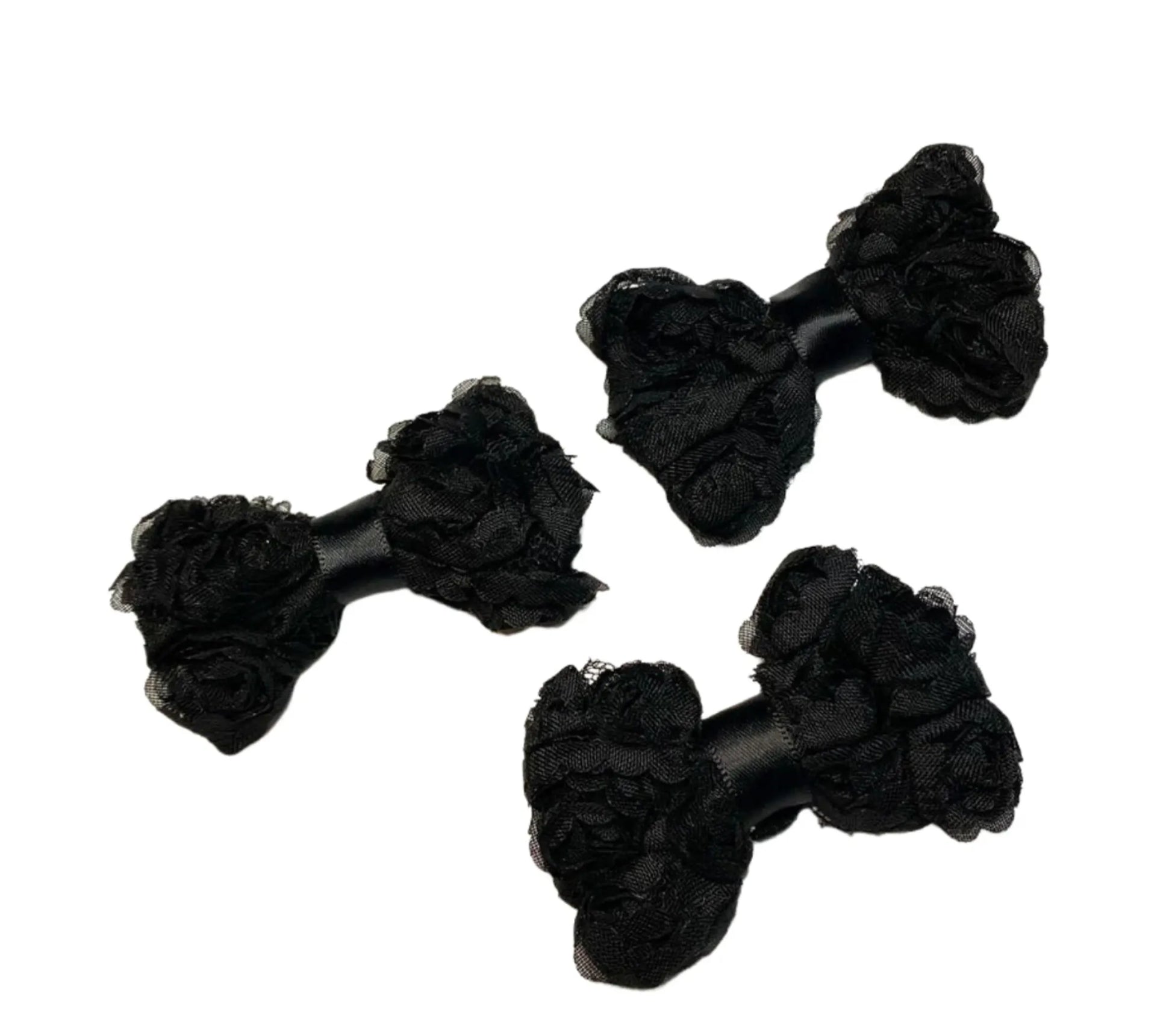 Three Black Chiffon Rosette Hairbows with delicate textured fabric detail for stylish pet grooming accessories.