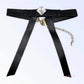 Black Vegan Leather Long Bow Necklace with a large clear gem centerpiece and adjustable gold chain clasp closure