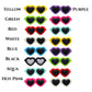 Colorful heart-shaped sunglasses with various colored frames on a white background.