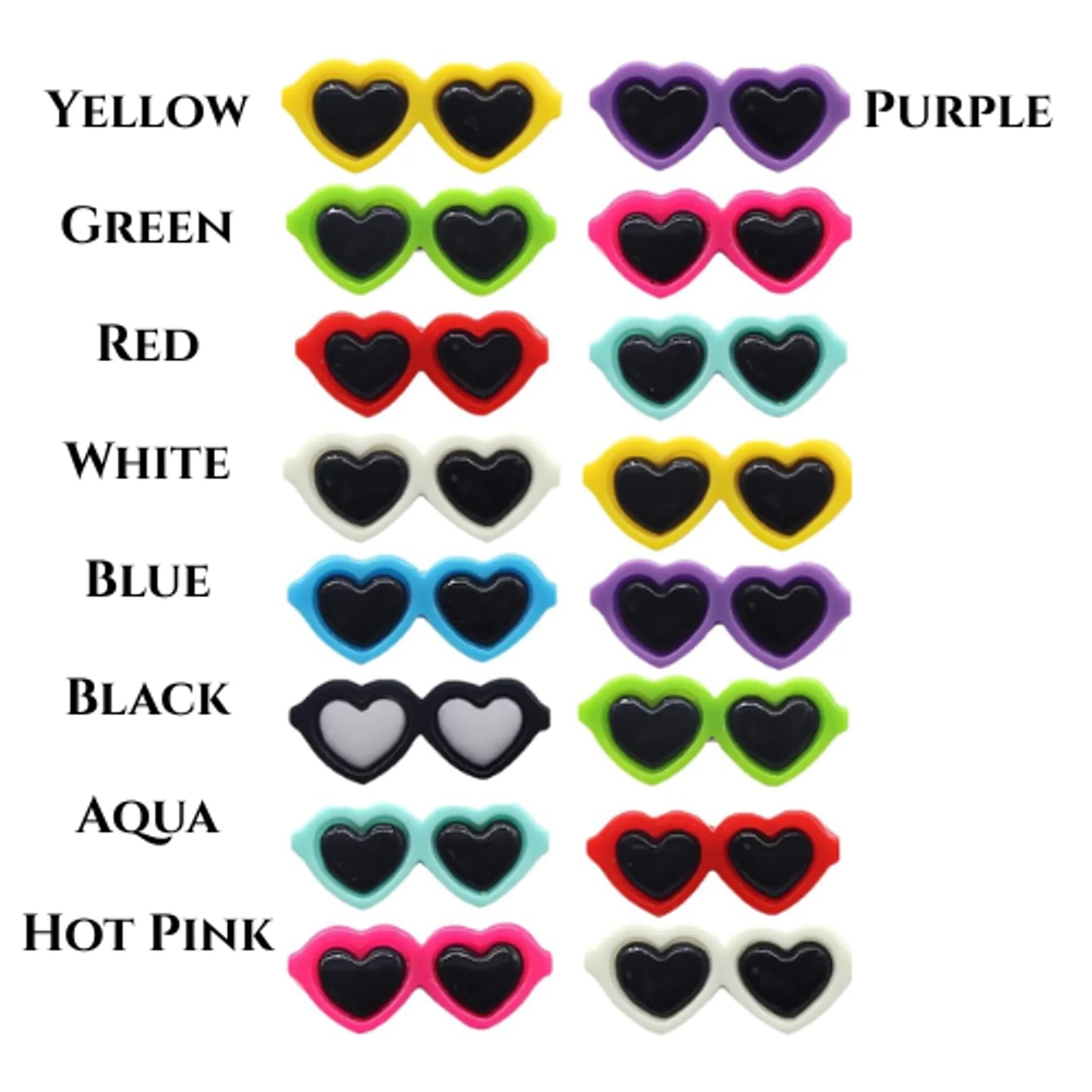 Colorful heart-shaped sunglasses with various colored frames on a white background.