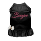 Black pet dress with pink "Boujee" text and white bow accessory, stylish pet apparel for special occasions