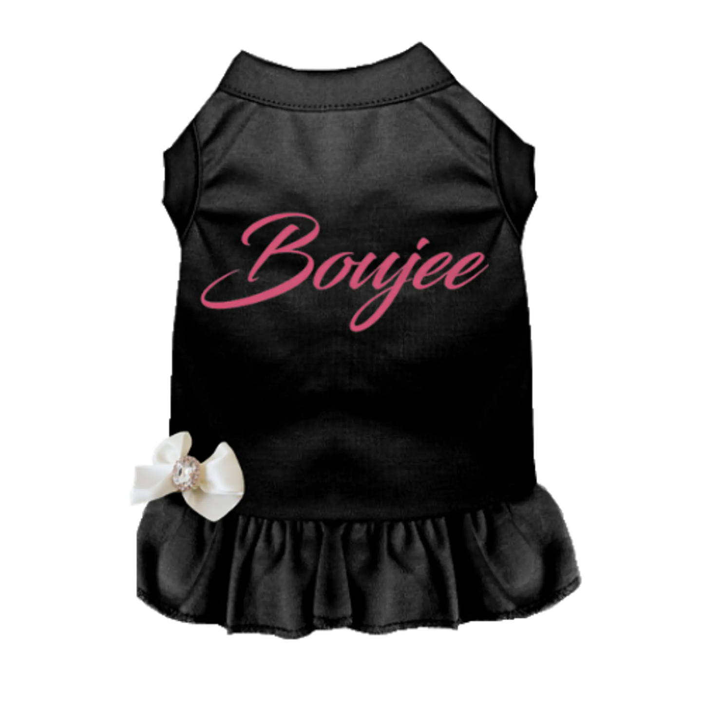 Black pet dress with pink "Boujee" text and white decorative bow, stylish pet clothing from PetsPerfect online store