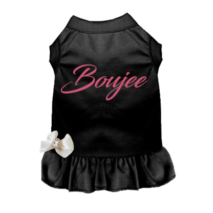 Black pet dress with pink "Boujee" text and white decorative bow, stylish pet clothing from PetsPerfect online store