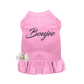 Pink pet dress with ruffled hem and white bow, featuring Boujee script design for small dogs or cats