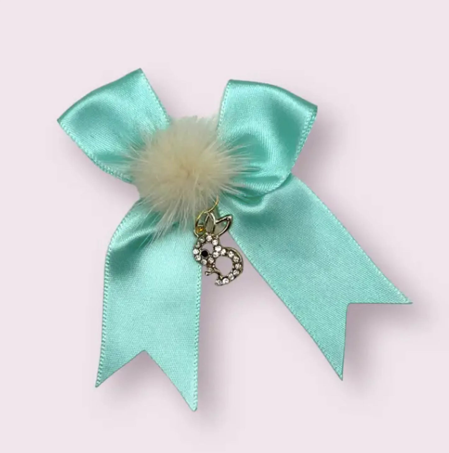 Rhinestone Bunny Dog Hair Bows - Luxurious Mink Pom Satin Barrettes