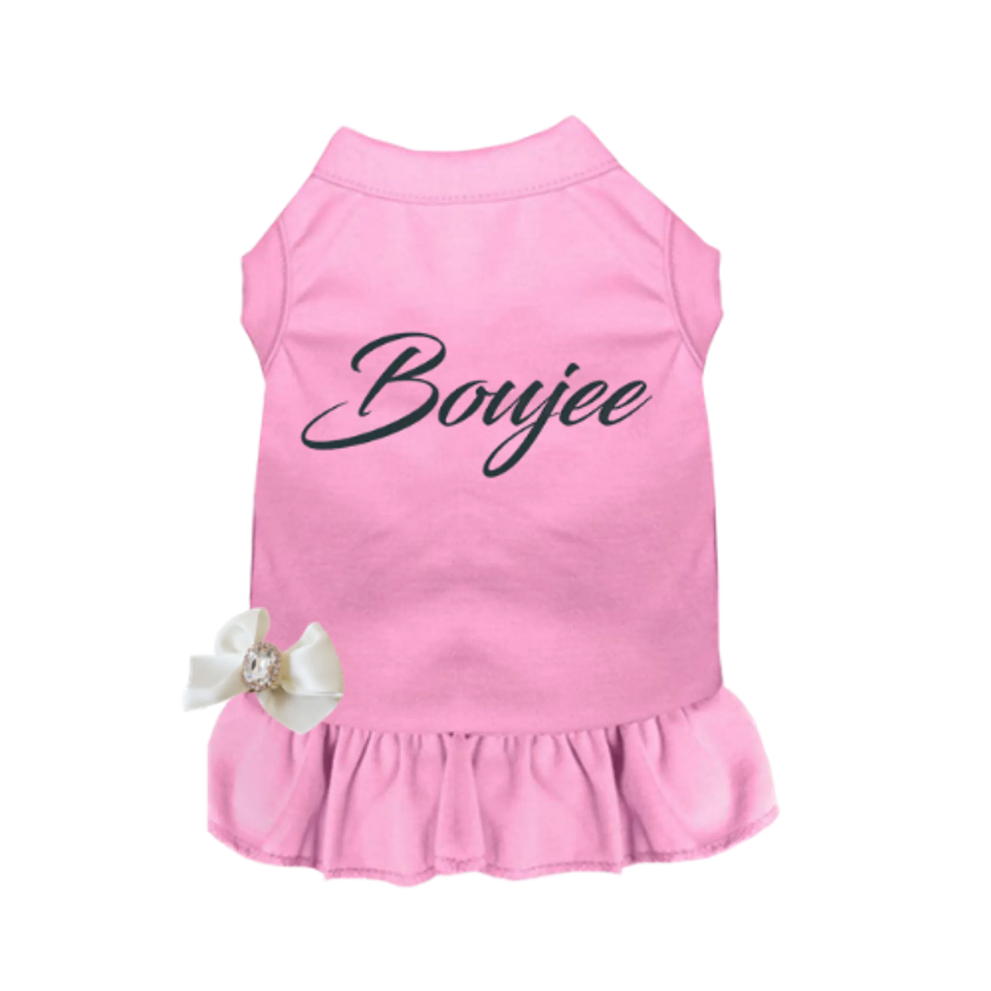 Boujee pink pet dress with ruffle hem and white bow, comfortable and stylish pet supplies from PetsPerfect online store