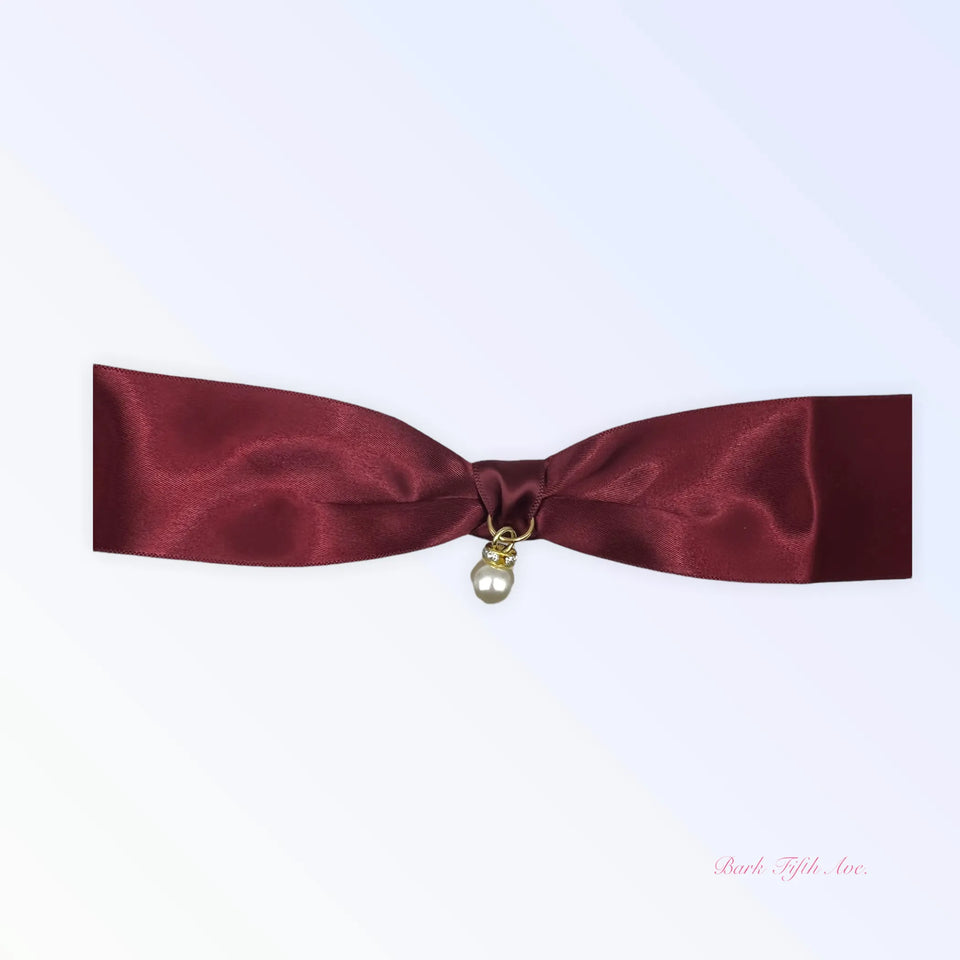 Burgundy Satin Bow & Pearl Necklace, view 2
