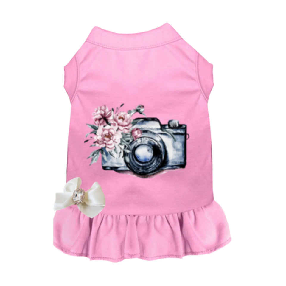 Call Me Pretty Dog Dress - Camera and Floral Print, Pink/X SMALL