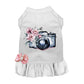 Call me pretty and take pictures of me pet dress with camera and pink flowers design, pink bow accessory.