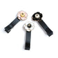 Three Camellia Hair Clips with black fabric bases and flowers in pink, black, and white colors displayed on white background