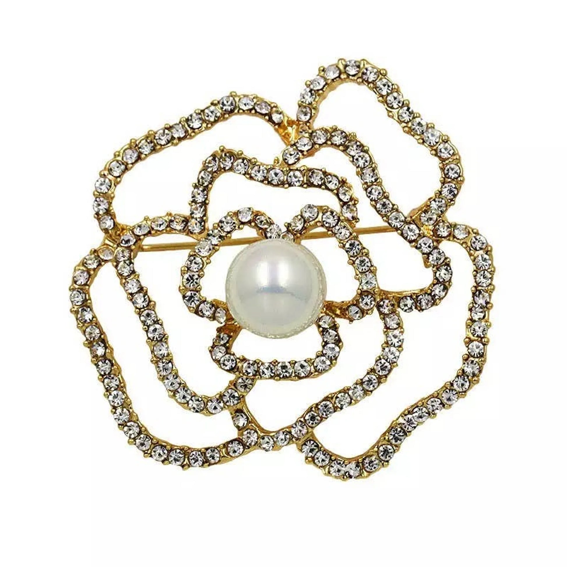 Camellia Luxury Brooch featuring gold-tone petals outlined with crystals and a large central pearl accent