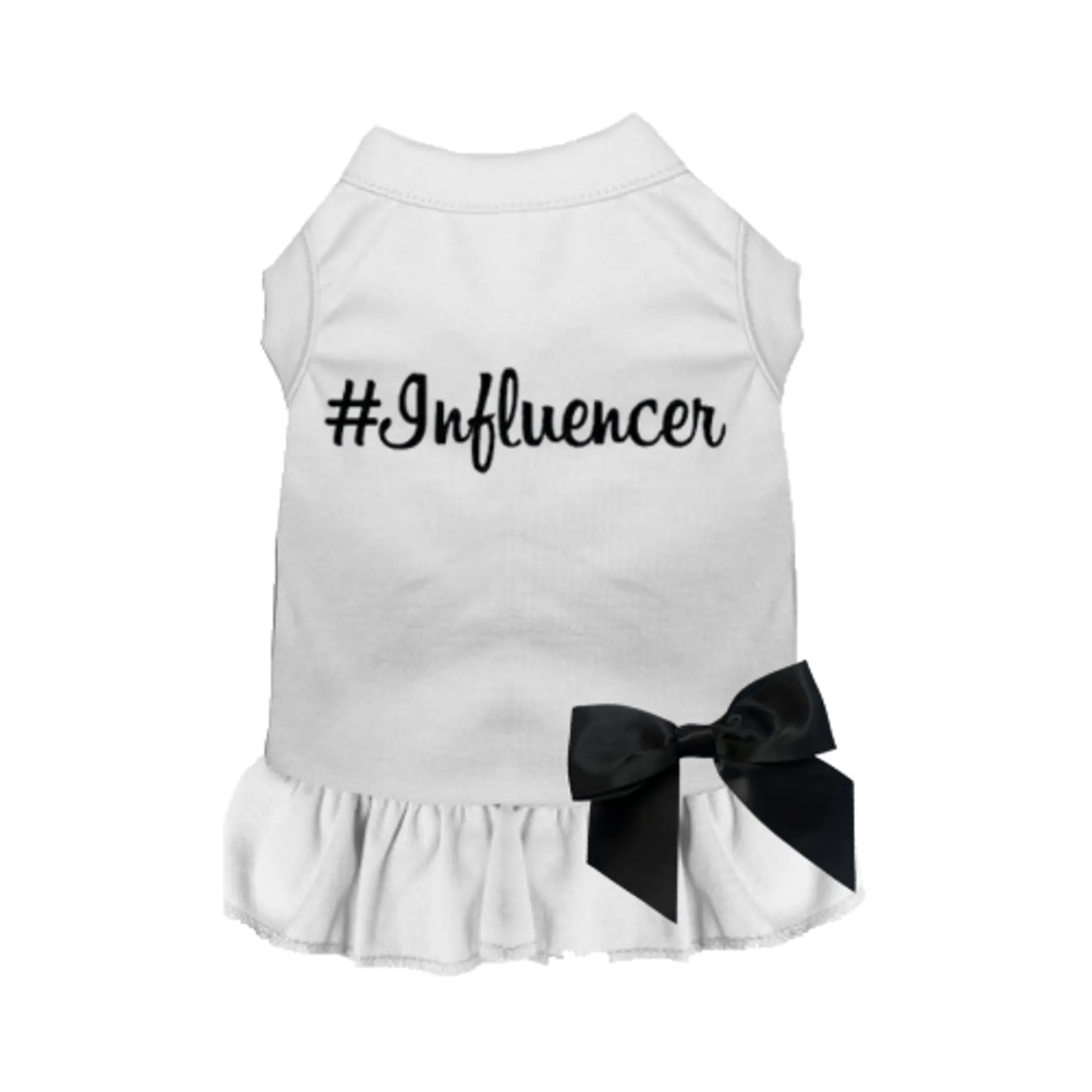 White pet dress with ruffled skirt, black bow detail, and #Influencer Dress text on the back for stylish pet supplies.