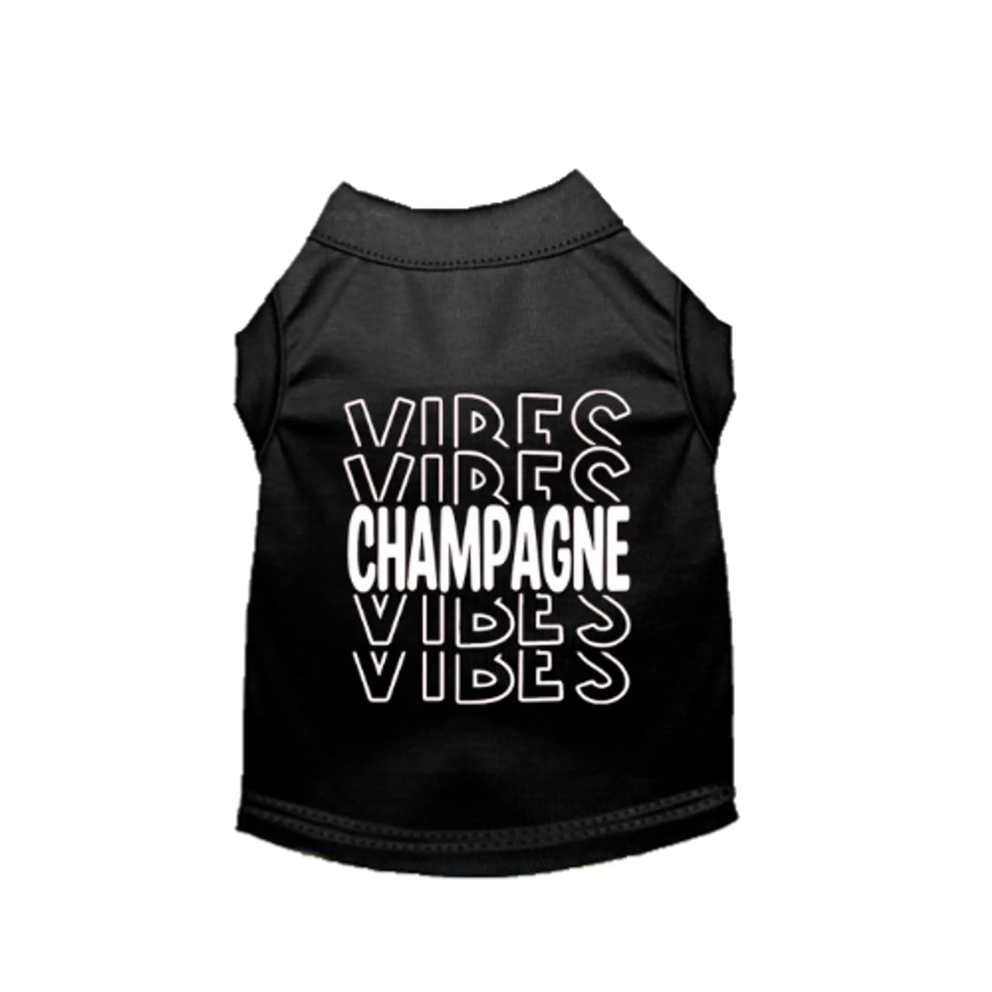 Black dog shirt with repeated "Vibes" text and bold "Champagne" text in the center, Champagne Vibes Dog Shirt.