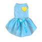 Chenille Heart Dress in light blue with yellow heart patch and satin bow detail, designed for pets.