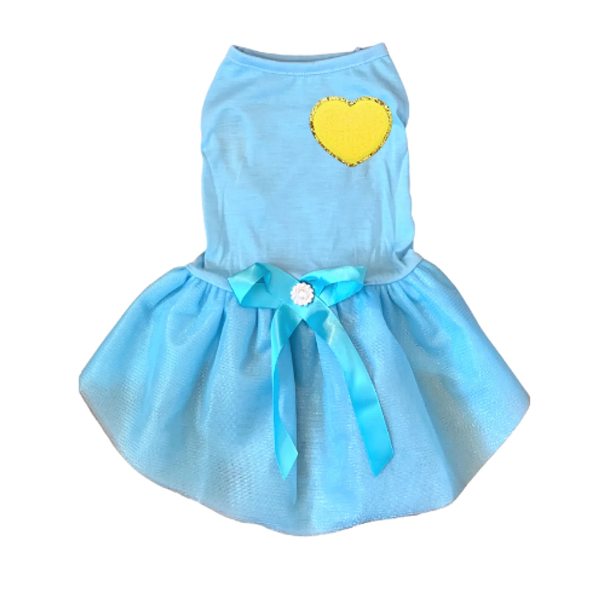 Chenille Heart Dress pet outfit in light blue with yellow heart applique and matching ribbon bow detail