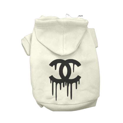 Chewnel Drippy Dog Hoodies in white with a black dripping double C logo, cozy pet apparel from PetsPerfect.